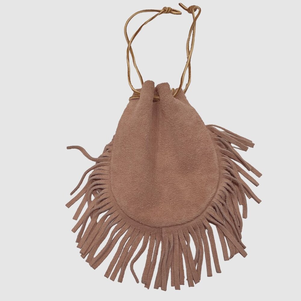 Suede Drawstring Pouch Bag with Fringe, NWOT, Pink Tan